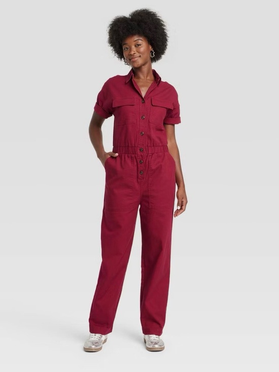 Universal Thread Pants - Women's Short-Sleeve Utility Jumpsuit in Red